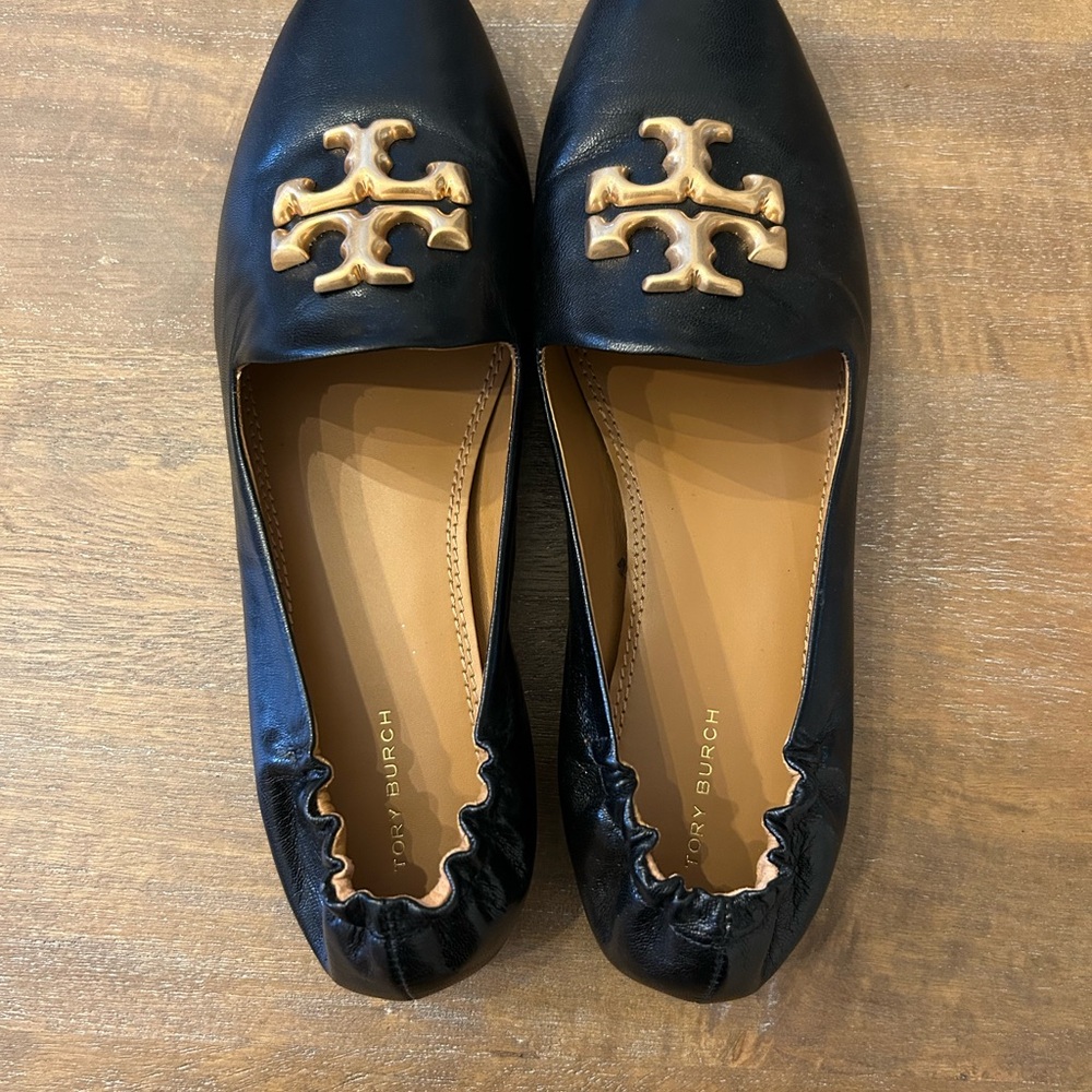Tory Burch Black and Gold Patent Leather Loafers